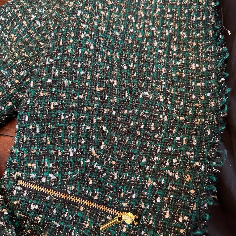 Chicos Tweed Jacket US Sz 4/6 Emerald Green Gold Open Front Jacket - Picture 2 of 4